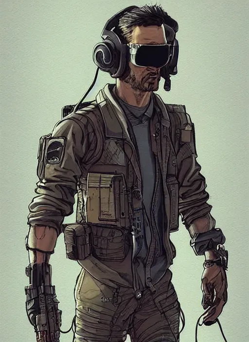 Image similar to Confident Ezra. clever cyberpunk mercenary wearing a cyberpunk headset, military vest, and pilot jumpsuit. bearded face. Realistic Proportions. Concept art by James Gurney and Laurie Greasley. Moody Industrial skyline. ArtstationHQ. Creative character design for cyberpunk 2077.