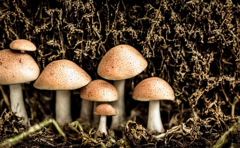 Prompt: a photography from afar of a creepy mushroom family, terrifying, photorealistic, 2 4 mm