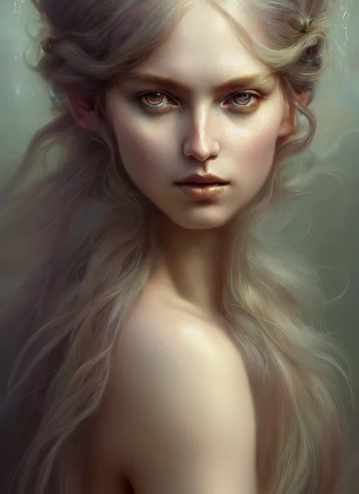 Prompt: an exquisite delicate hyperdetailed of a female goddess, long hair, fine delicate prefect face features gaze, intricate, elegant, highly detailed, smooth, sharp focus, style of sue bryce, tom bagshaw, cedric peyravernay, peter mohrbacher, pinterest, photorealistic portrait painting