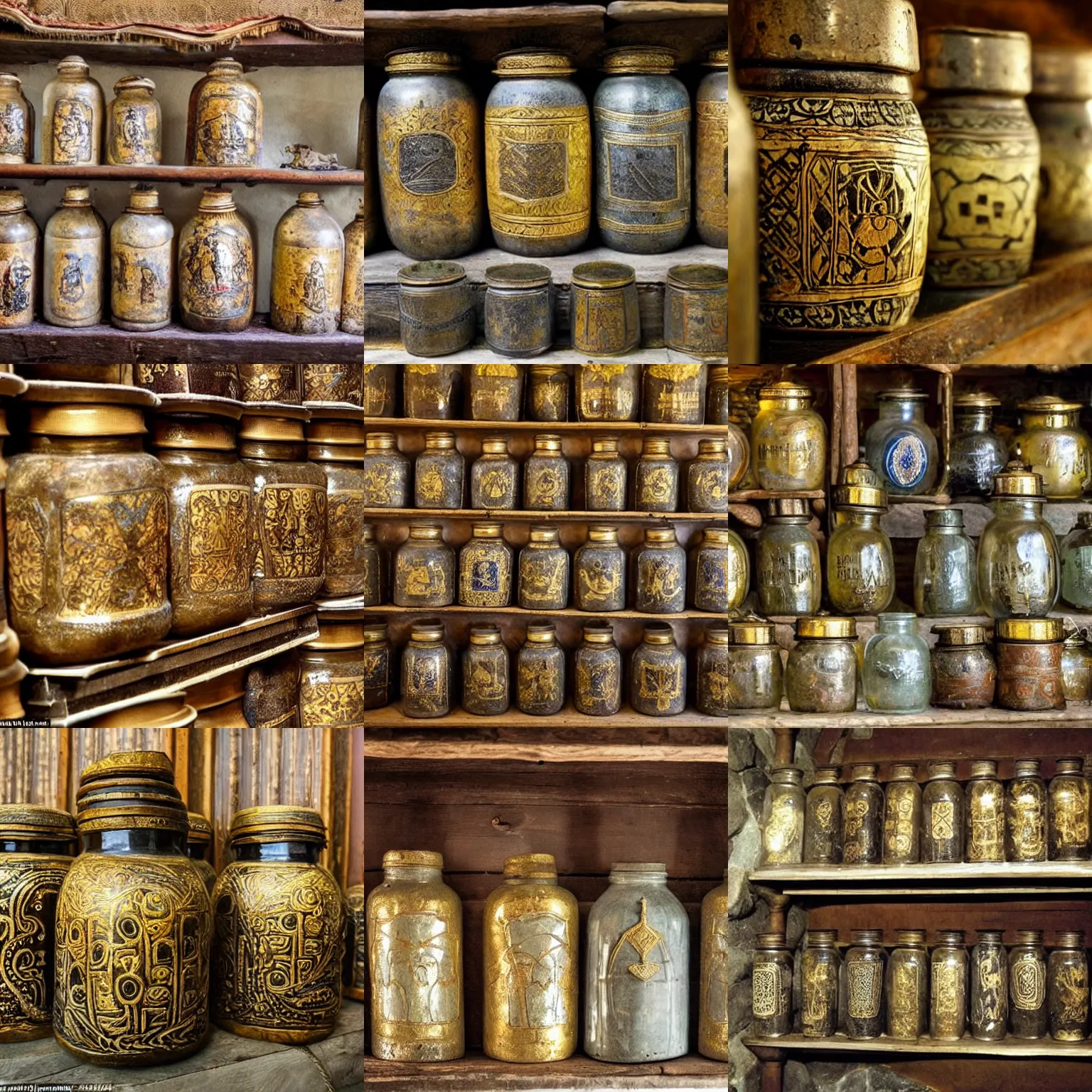 Prompt: many magic potion jars are displayed in a medieval house, the jars are inlaid with gold