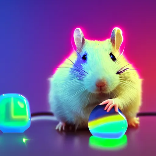 Image similar to cyberpunk hamster holding rainbow gem crystal, neon lights, light reflection, 8 k, hd