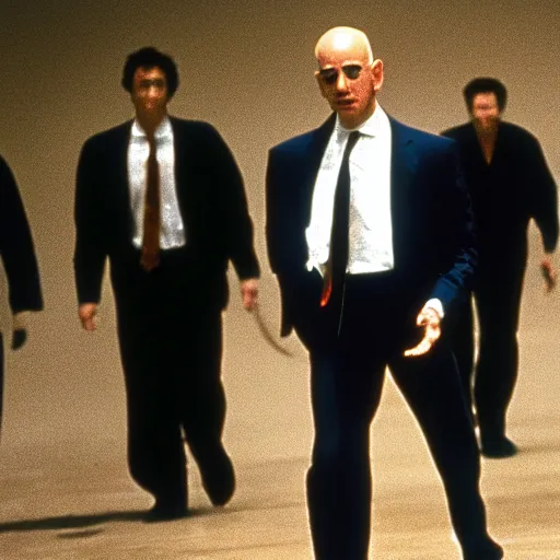 Image similar to jeff bezos as mr orange in reservoir dogs, opening credits, group walking together, 3 5 mm film, high quality film, big screen, cinematic