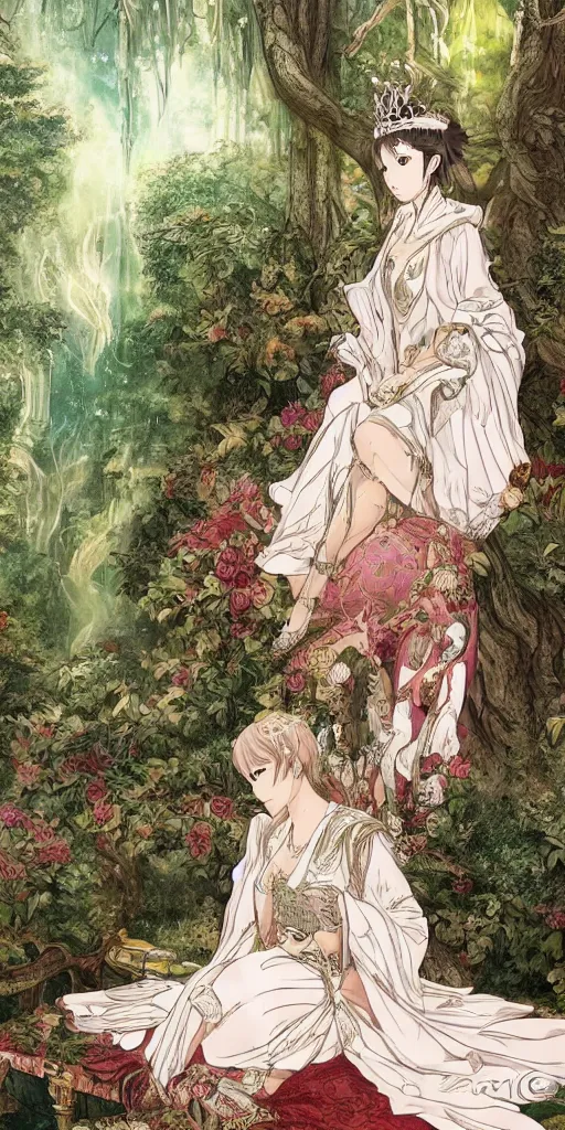 Prompt: an highly detailed magical empress sitting by herself on a sofa in a forest wearing a white robe drawn by cloverworks studio, elegant and beautiful, tarot card, Tarot card the empress, rich colors