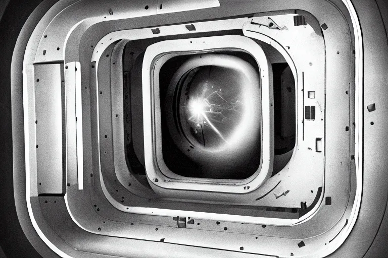 Image similar to small personnel quarters inside rocket ship with gray metallic factory engine walls and small window looking into space, details, sharp focus, intricate, high definition, movie set, retro, 1970s, 1980s, sci-fi, digital Art, 3D, realistic photograph, lucasfilm, stanely kubrick