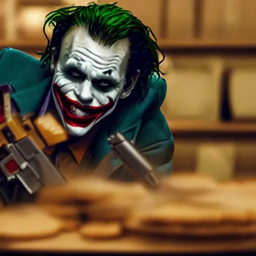 Image similar to cinematic shot of the joker holding a gun and a baking powder biscuit, 8 k, very detailed, very intricate,