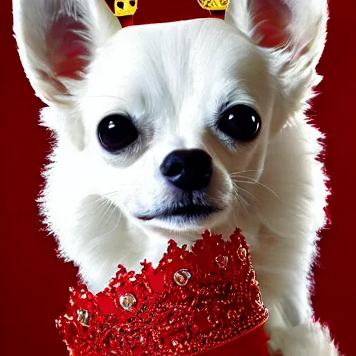 Prompt: fluffy white chihuahua king wearing a red and gold crown cinematic composition, digital art, cute