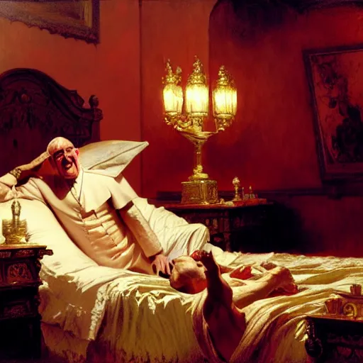 Prompt: the pope is in his bed, nervous and terrified, because a double horned shadow demon from hell lingers across the bed. highly detailed painting by gaston bussiere, j. c. leyendecker, greg rutkowski, craig mullins 8 k