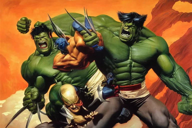 Prompt: Wolverine fighting the Hulk by Frank Frazetta and by Joe Jusko and by Alex Ross, oil painting, detailed, proportional, trending on art station, 4k