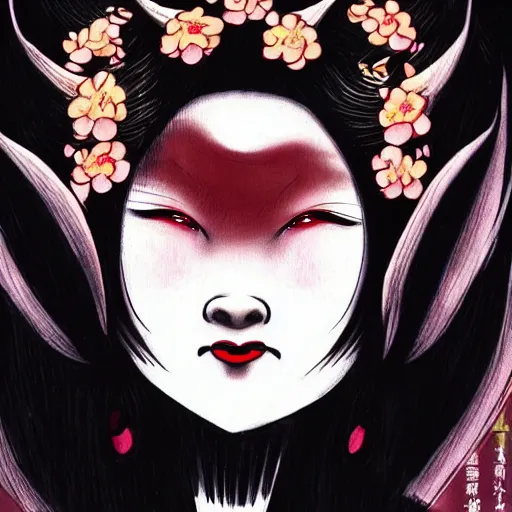 Image similar to full body photo of demon geisha, beautiful, scary, yokai, cinematic, high detail,