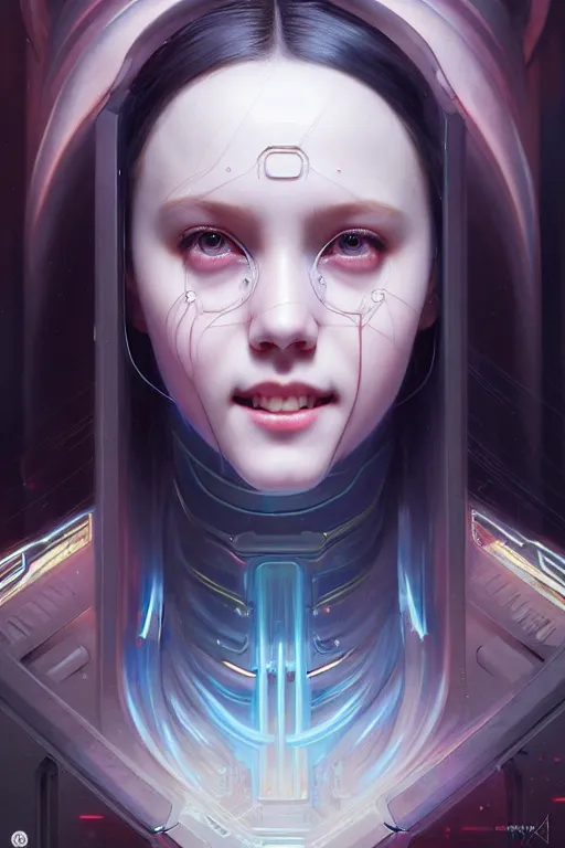 Image similar to portrait painting of olivia hye loona cyberpunk netrunner smiling, ultra realistic, concept art, intricate details, eerie, highly detailed, photorealistic, octane render, 8 k, unreal engine. art by artgerm and greg rutkowski and magali villeneuve and alphonse mucha