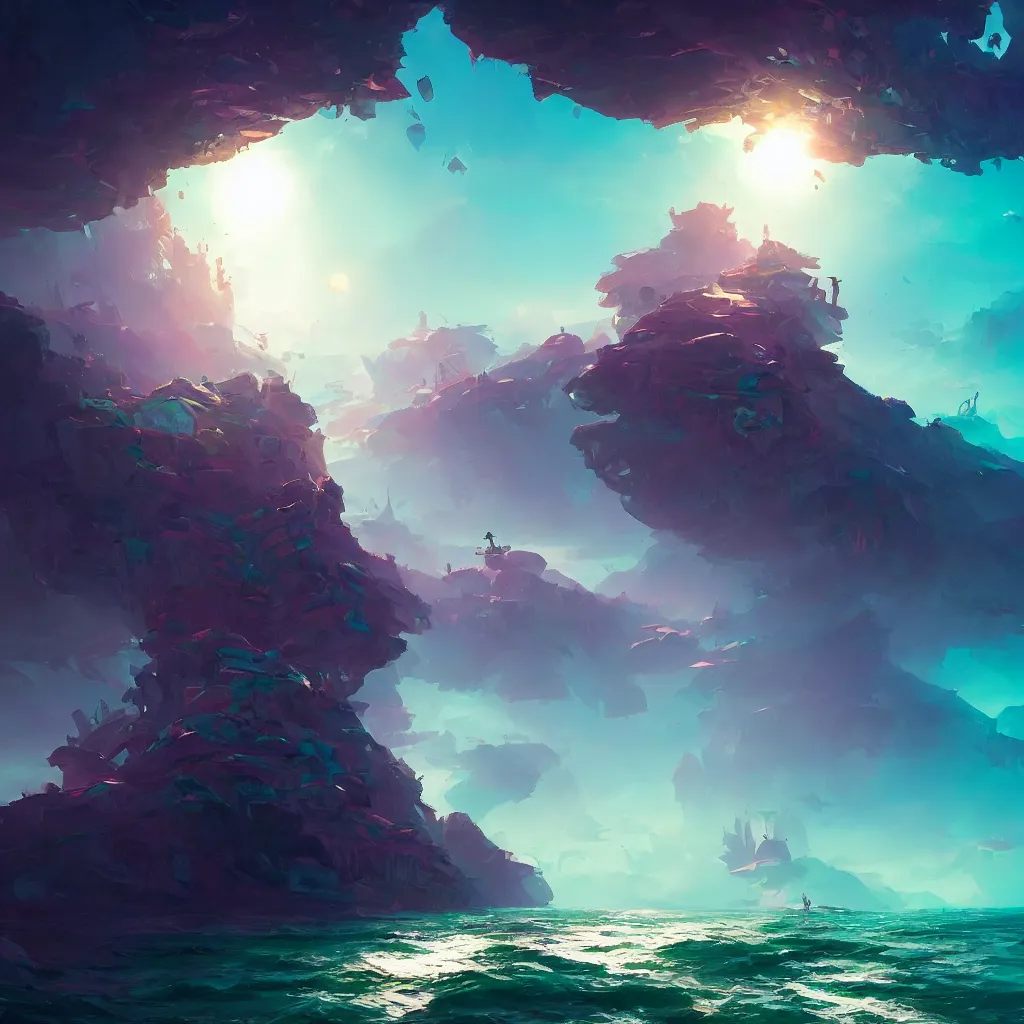 Prompt: green sea and dark purple illusion tower in the back with polar sun, by wenjun lin, by greg rutkowski, by anton fadeev, by rhads, 4 k
