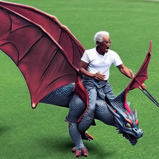 Prompt: morgan freeman riding a dragon that is about to score a goal