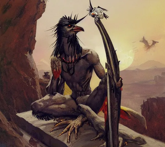 Image similar to a cultist praying to the altar of the sectretarybird by Frank Frazetta, trending on pixiv, HD, detailed, full width