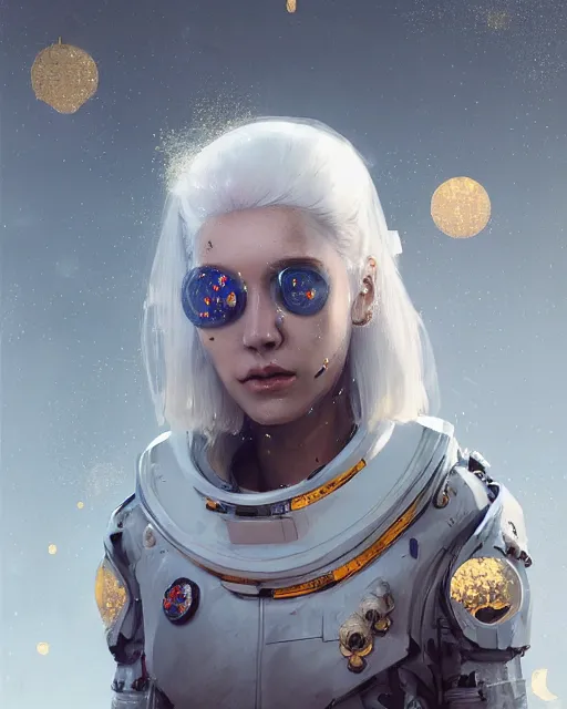 Image similar to detailed portrait white haired girl, solarpunk futuristic utopia, scifi astronaut suit, decorated with golden ornaments by Ismail inceoglu dragan bibin hans thoma greg rutkowski Alexandros Pyromallis Nekro Rene Maritte Illustrated, Perfect face, fine details, realistic shaded, fine-face, pretty face