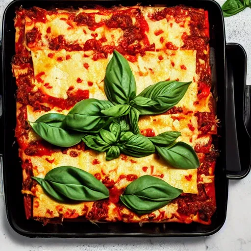 Prompt: photo of a platypus cooking a lasagna with three basil leaves over the lasagna