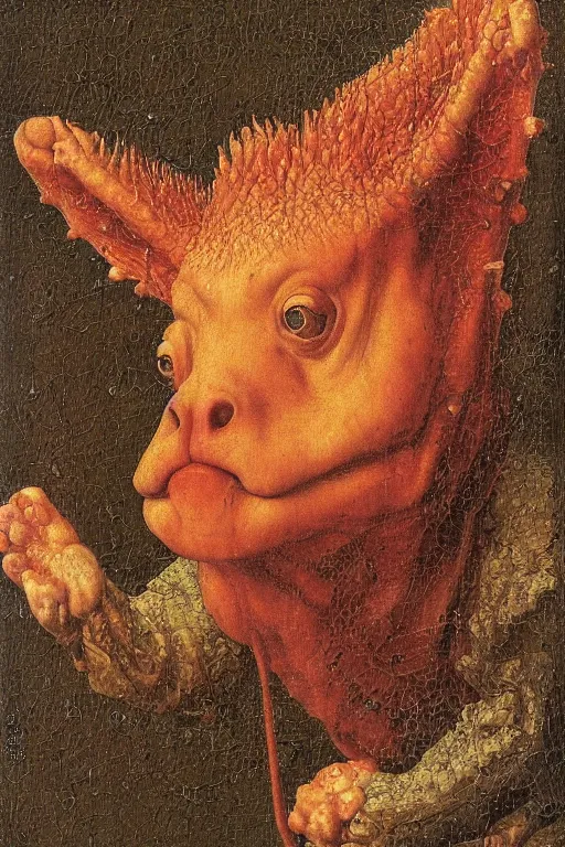 Prompt: portrait cute humanoid axolotl, oil painting by jan van eyck, northern renaissance art, oil on canvas, wet - on - wet technique, realistic, expressive emotions, intricate textures, illusionistic detail