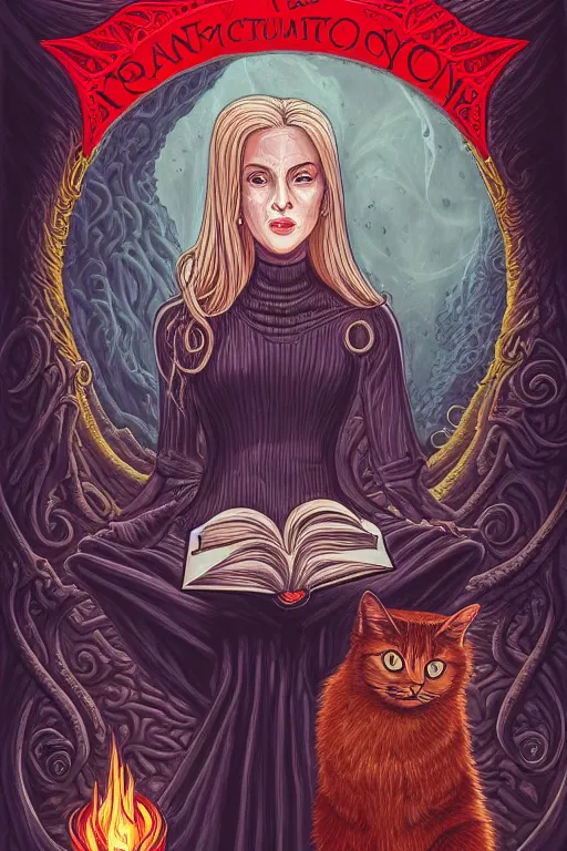 Image similar to trump illustration of romantic girl, her cat and her book of necronomicon, symmetrical, cinematic, sharp focus, 4 k, ultra hd, sense of awe, sinister demonic atmosphere, dreadful, forbidden knowledge, old gods, cthulhu, yog - sothoth! yah, yah, yah! cultist journal cover