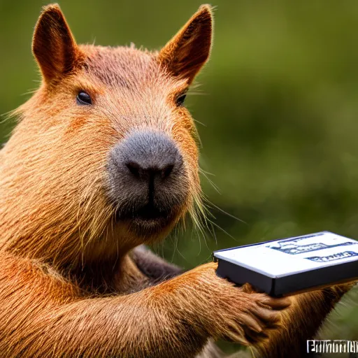 Prompt: photo of a capybara eating a nvidia gtx 1 9 9 0 graphic card, nature photography, 8 k, canon 3 0 0 mm, professional photographer, 4 0 mp, lifelike, top - rated, award winning, realistic, sharp, no blur, edited, corrected, trending