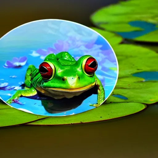 Image similar to !!! sticker!!! close - up of a frog in the water lilies, highly detailed, digital art, matte painting, sharp focus,