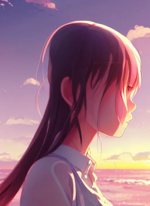 Image similar to side portrait of cute girl, sunset sky in background, beach landscape, illustration concept art anime key visual trending pixiv fanbox by wlop and greg rutkowski and makoto shinkai and studio ghibli and kyoto animation, futuristic wheelchair, symmetrical facial features, should eyes, future clothing, realistic anatomy, backlit, moegap yandere