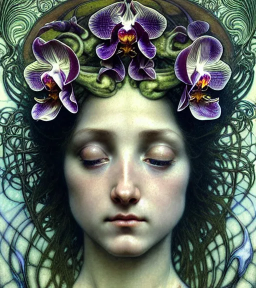 Image similar to beautiful orchid fairy detailed realistic porcelain face portrait by jean delville, gustave dore, iris van herpen and alphonse mucha, art forms of nature by ernst haeckel, art nouveau, symbolist, visionary, gothic, neo - gothic, pre - raphaelite, fractal lace, intricate alien botanical biodiversity, surreality, hyperdetailed ultrasharp octane render