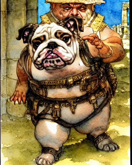 Prompt: a realistic and atmospheric watercolour fantasy character concept art portrait of a fat adorable chibi bulldog roman soldier in a roman temple, by rebecca guay, michael kaluta, charles vess and jean moebius giraud