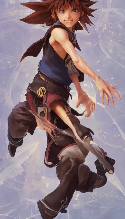 Prompt: sora from kingdom hearts by artgerm, greg rutkowski and alphonse mucha, concept art, matte, intricate, full body, epic composition