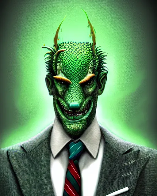 Image similar to anthropomorphic art of a businessman dragon, green dragon, portrait, 1 9 8 0 s business fashion, patrick bateman, american psycho, victo ngai, ryohei hase, artstation. fractal papers and books. highly detailed digital painting, smooth, global illumination, fantasy art by greg rutkowsky, karl spitzweg