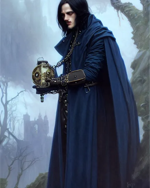 Image similar to handsome male using a mechanical steampunk device, long black hair blue eyes wearing cloth mantle gothic navy cloak with leather details, cliffside town, fantasy character portrait, ultrarealistic, intricate details, elegant, cinematic lighting, highly detailed, artstation, cgsociety, sharp focus, beautiful digital painting by artgerm, gerald brom, wlop, alphonse mucha