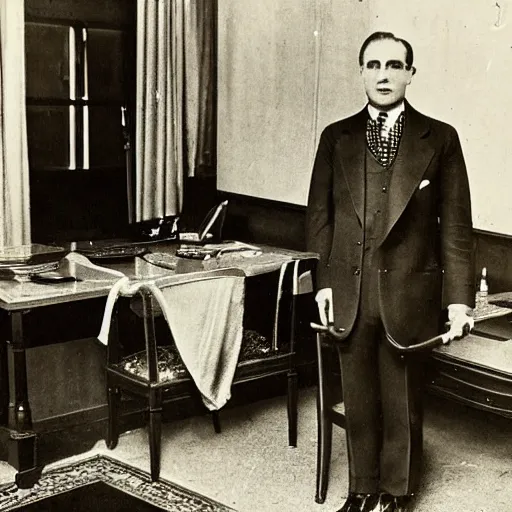 Prompt: a rutgers university president looking wistfully at a gold - headed cane displayed in his office, 1 9 2 2