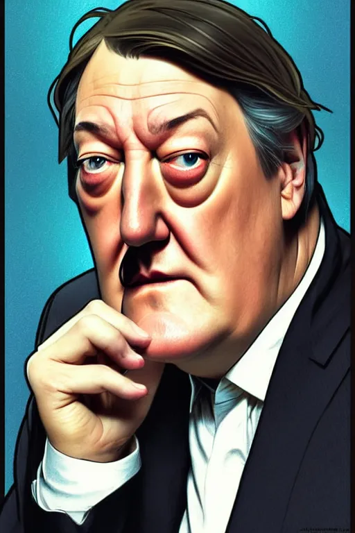 Image similar to stephen fry winking his left eye at the camera, in the style of art by artgerm and greg rutkowski and alphonse mucha