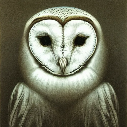 Prompt: a barn owl's sickly face by Zdzisław Beksiński