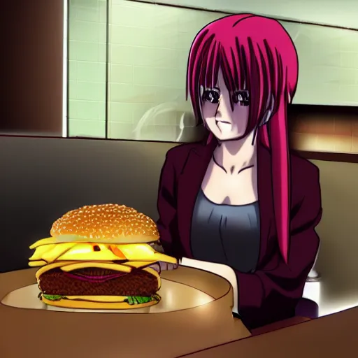 Prompt: lucy from elfen lied crying while eating a double cheese burger in the mcdonalds restroom, anime key visual, digital art