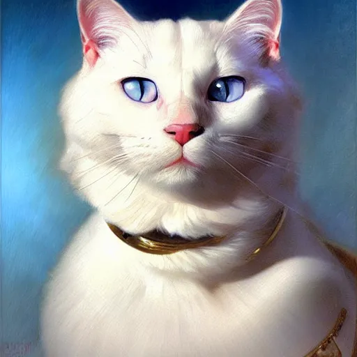 Prompt: a portrait of a manly white cat feline, blue eyes, handsome, attractive, fit, star trek the next generation. highly detailed painting by gaston bussiere, craig mullins, j. c. leyendecker, furry