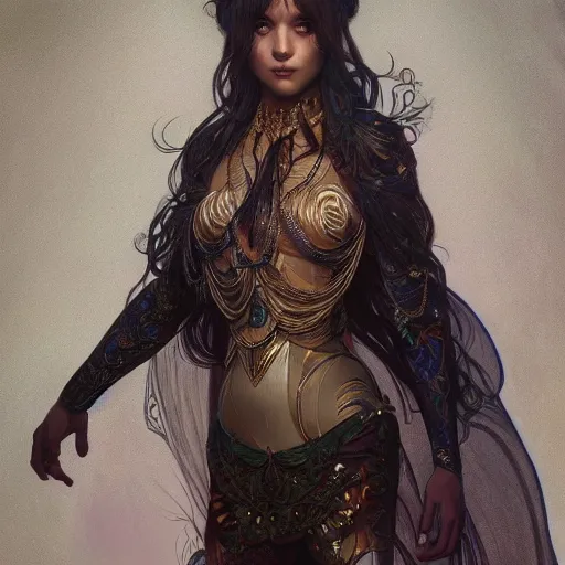 Prompt: full body portrait of a terrible beautiful girl, d & d, fantasy, intricate, elegant, highly detailed, digital painting, artstation, concept art, smooth, sharp focus, illustration, art by artgerm and greg rutkowski and alphonse mucha, symmetry, octane render, clean line