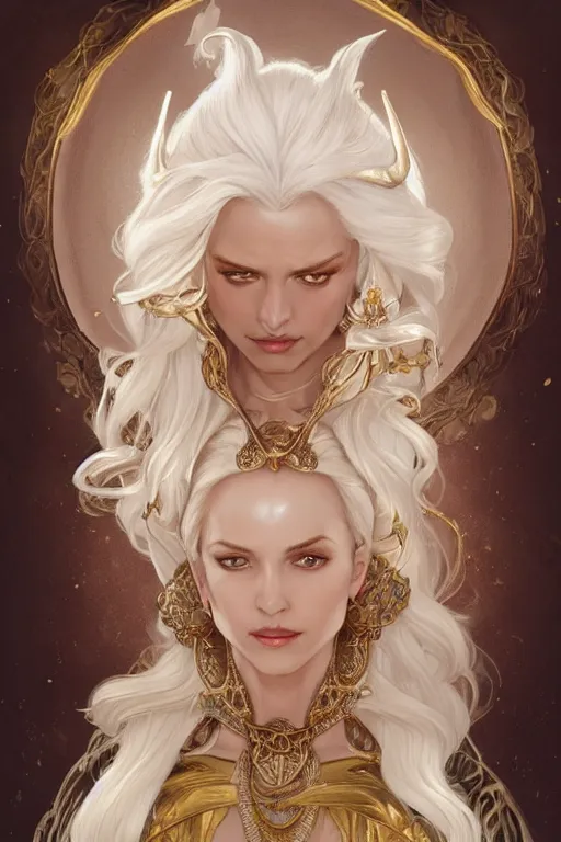 Prompt: fullbody!! beautiful woman with white hair, big natural horns on her head, gold jewellery, dnd, face, fantasy, intricate, elegant, highly detailed, digital painting, artstation, concept art, smooth, sharp focus, illustration, art by artgerm and greg rutkowski and alphonse mucha