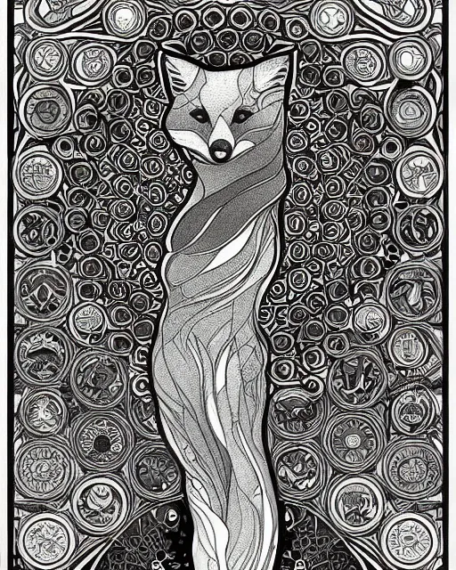 Image similar to fox carving art, cell shading, voronoi,fibonacci sequence, sacred geometry by Alphonse Mucha, Moebius, hiroshi yoshida, Art Nouveau, colorful, ultradetailed, black and white, 3d