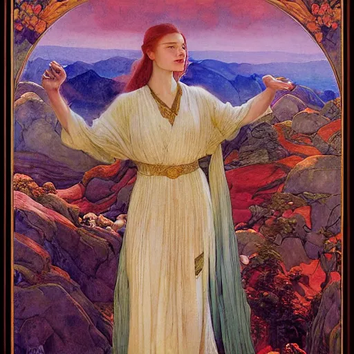 Image similar to princess of the dawn mountains, by annie swynnerton and charlie bowater and diego rivera and nicholas roerich and jean delville and evelyn de morgan, dramatic lighting, brocade robes, elaborate floral ornament, rich colors, smooth sharp focus, extremely detailed