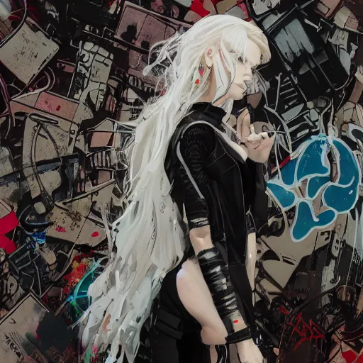 Prompt: highly detailed portrait of a moody post-cyberpunk young lady with a wavy blonde hair, by Dustin Nguyen, Akihiko Yoshida, Greg Tocchini, Greg Rutkowski, Cliff Chiang, 4k resolution, gravity rush inspired, graffiti inspired, punk inspired, vibrant but dreary but upflifting lightning red, black and white color scheme!!! ((Graffiti tag brick wall background))