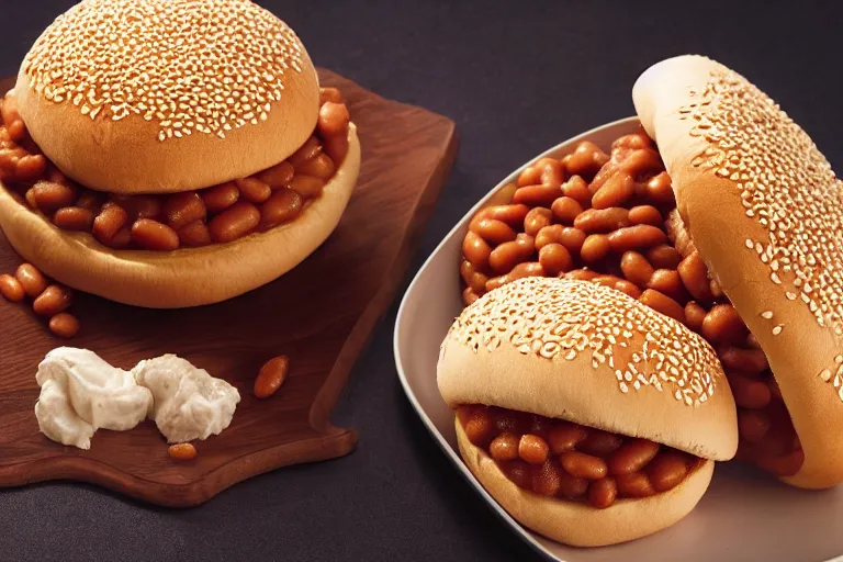 Image similar to mcdonalds baked beans between two sesame seed buns, commercial photograph