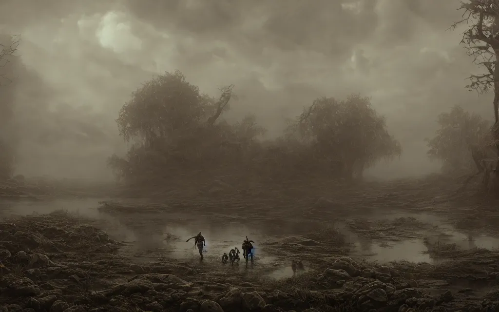 Image similar to stoneage shrouded in fog, gloomy sky, faint light behind the clouds, skulls on the ground, puddles of water, highly detailed, cinematic lighting, perfect composition, 4 k, gustave dore, derek zabrocki, greg rutkowski, belsinski, octane render, dark fantasy, artem demura