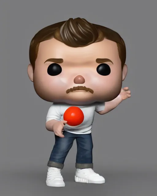 Image similar to full body 3d render of James Corden as a funko pop, studio lighting, white background, blender, trending on artstation, 8k, highly detailed