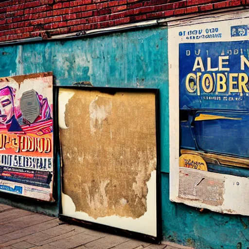 Prompt: texture of an ad board full of old posters and ads one on top of another peeling away.