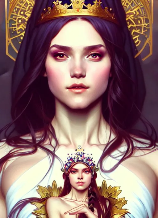 Image similar to hannah owo as queen, incredibly detailed face, pretty face, light dress, true anatomy, art by artgerm and greg rutkowski and alphonse mucha