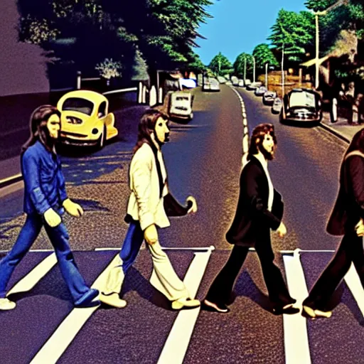 Image similar to beatles crossing abbey road at disneyland, hyper detailed, dramatic lighting, cgsociety, realistic, hyper detailed, insane details, intricate, dramatic lighting, hypermaximalist, golden ratio, rule of thirds, octane render, weta digital, micro details, ultra wide angle, artstation trending, 8 k,