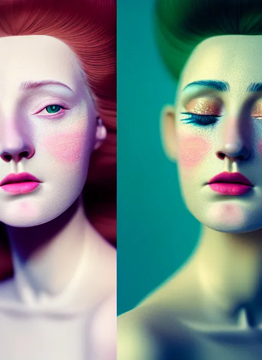 Prompt: Kodak Portra 400, 8K, soft light, volumetric lighting, highly detailed, fine art portrait photography in style of Flora Borsi, britt marling style 3/4 face morphing with soft colors tropical fishes, metamorphosis complex 3d render , 150 mm lens, soft blur background, bust with intricate details, elegant, hyper realistic, ultra detailed, octane render, etheric, outworldly colours, emotionally evoking, head in focus, fantasy, ornamental, intricate, elegant, 8K, soft light, volumetric underwater lighting, highly detailed, Refined, Highly Detailed, soft lighting colors scheme, fine art photography, Hyper realistic, photo realistic