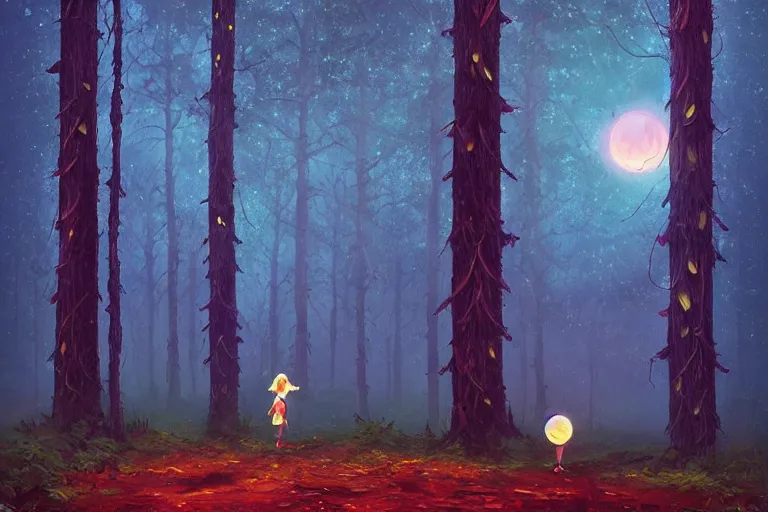 Image similar to giant daisy flower as face, girl walking in forest, surreal photography, dark night, stars, moon light, impressionist painting, clouds, digital painting, artstation, simon stalenhag