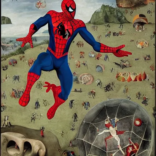Image similar to spider - man in the garden of earthly delights by bosch.