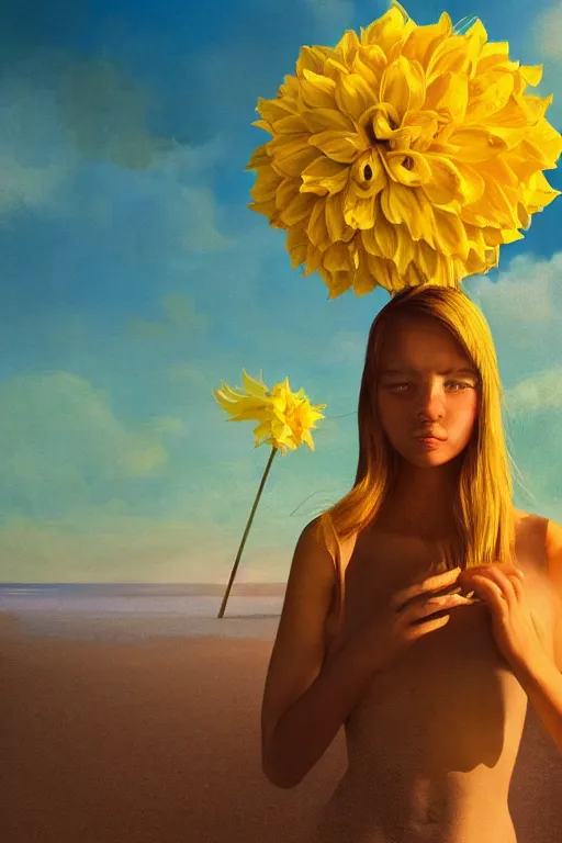 Prompt: closeup girl with huge yellow dahlia flower on face, on beach, surreal photography, blue sky, sunrise, dramatic light, impressionist painting, digital painting, artstation, simon stalenhag