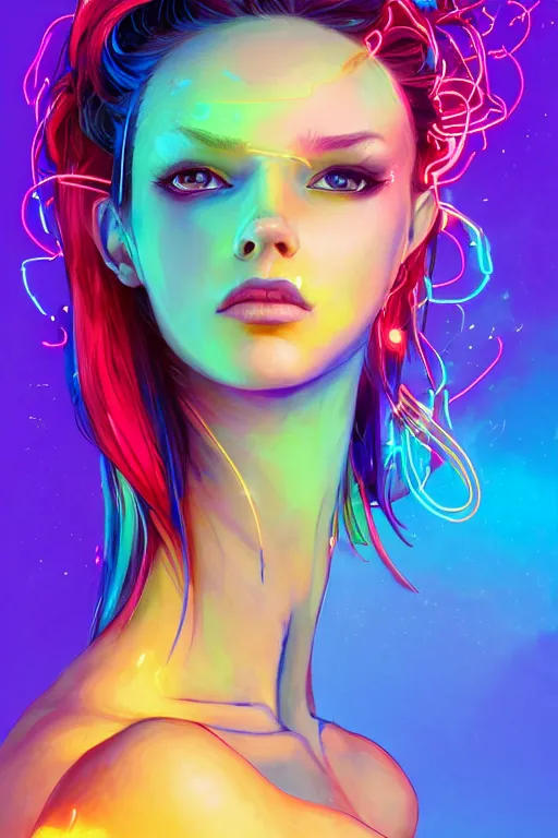 Image similar to a award winning full body portrait of a beautiful woman with stunning eyes in a one off shoulder croptop and cargo pants with rainbow colored hair, outlined by whirling illuminated neon lines and fine lines swirling in circles by jesper ejsing and rhads and makoto and shinkai and lois van baarle, digital art, trending on artstation